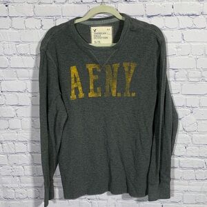 American Eagle Mens Y2K Thermal Crewneck Tee Gray Yellow Sz XL 90s Casual Cotton